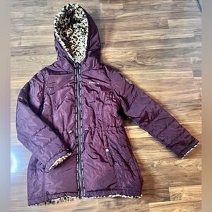 bebe Reversible Quilted Hooded Coat in Plum with Leopard Trim